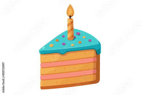 Layered birthday cake slice with lit candle and colorful sprinkles