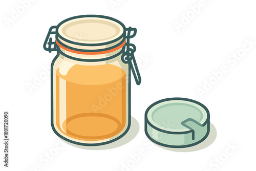 Glass jar with swing top closure filled with golden liquid and the lid resting beside it