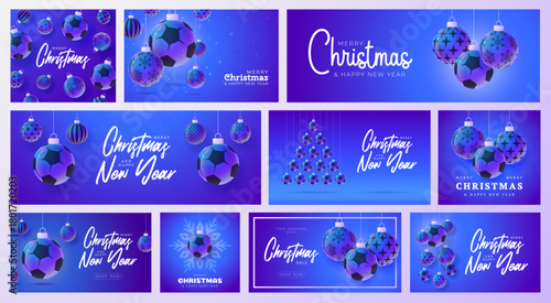 Football or Soccer Christmas and New Year sport banner set. Merry Christmas futuristic neon greeting card collection with xmas ball as a bauble. Vector illustration collection
