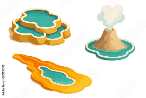 Isometric geothermal features collection with hot springs and erupting volcano