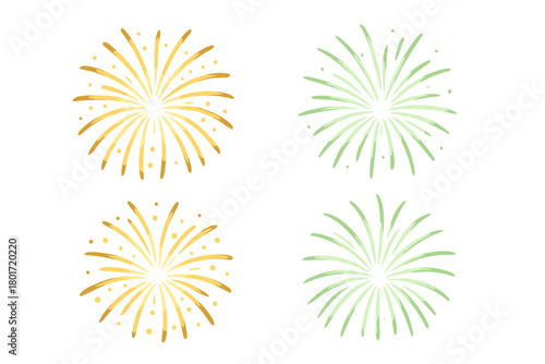 Four watercolor style firework bursts in gold and green colors