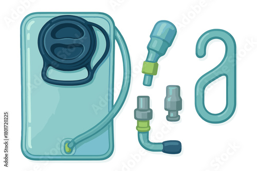 Disassembled components of a portable water hydration system including reservoir, tube, and bite valve