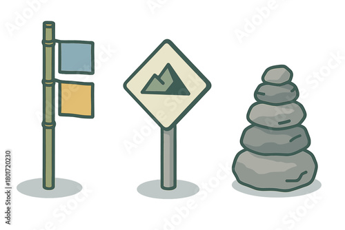 Hiking trail markers and stacked stones for meditation and balance