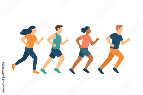Four diverse people running side by side in athletic sportswear