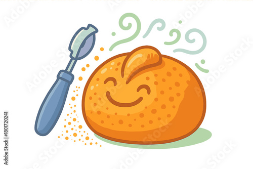 Smiling bread roll character with scoring tool and steam indicating fresh aroma