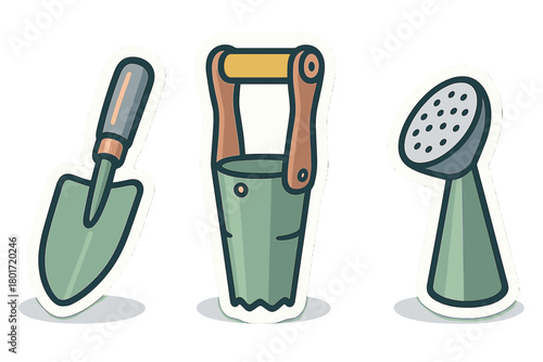 Set of essential gardening tools including trowel bucket and watering can icons