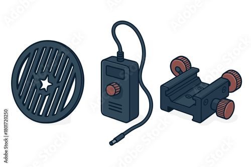 Isometric icons of camera slider dolly remote control and focus gear set