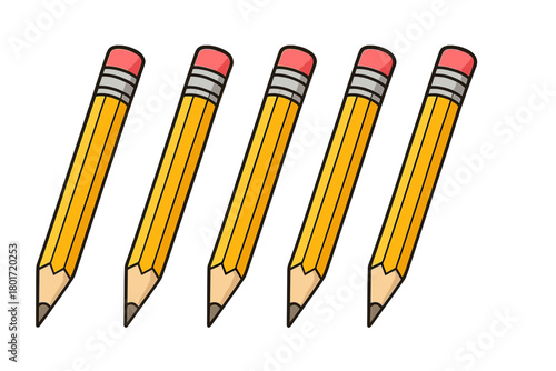 Five yellow wooden pencils with pink erasers in a row