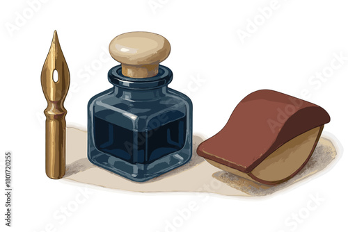 Antique brass dip pen nib with a glass inkwell and a rocking blotter for writing