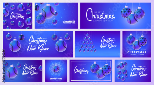 Baseball Christmas and New Year sport banner set. Merry Christmas futuristic neon greeting card collection with xmas ball as a bauble. Vector illustration collection