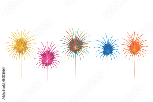 Colorful assortment of exploding fireworks bursts on white background