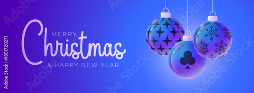 Casino Christmas and New Year sport banner. Merry Christmas tech greeting card with xmas ball as a bauble on purple neon background. Vector illustration