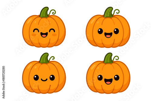 Four cute orange pumpkin faces with different happy expressions