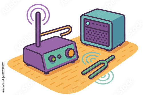 Colorful isometric theremin electronic musical instrument with amplifier and tuning fork