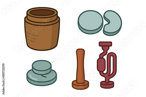 Ceramic crock, weights, wooden tamper, and airlock components for home fermentation
