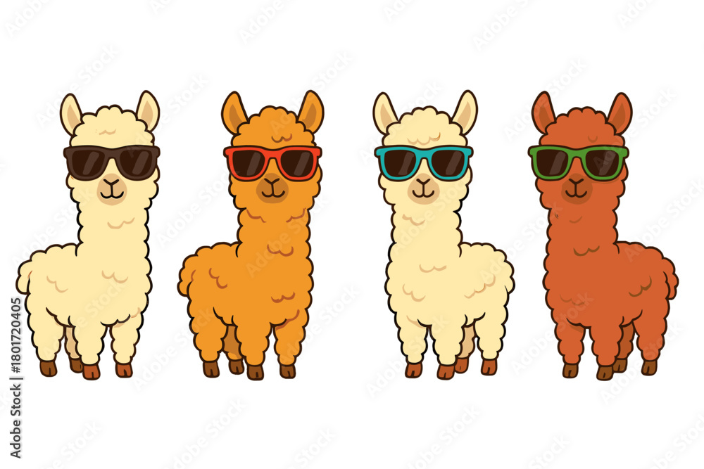 Naklejka premium Four cartoon alpacas wearing different colored sunglasses