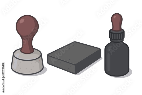 Classic round rubber stamp, rectangular ink pad, and ink dropper bottle set