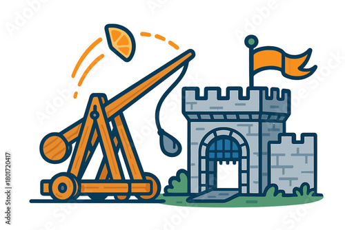 Medieval siege weapon catapult launching a citrus orange slice at a stone castle tower gatehouse