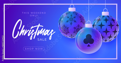 Casino Christmas and New Year sport banner. Merry Christmas tech greeting card with xmas ball as a bauble on purple neon background. Vector illustration