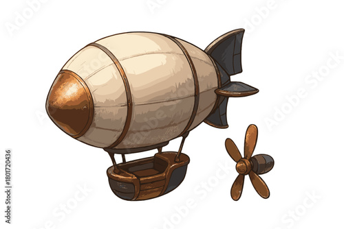 Vintage steampunk airship blimp with separate propeller element