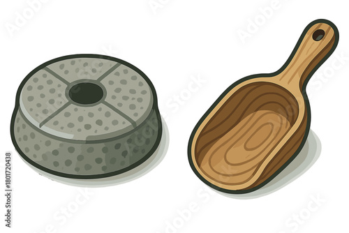 Traditional millstone and wooden scoop for grinding grain and measuring ingredients