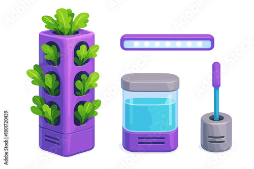 Set of modern hydroponic gardening equipment including vertical farm tower, nutrient reservoir, and LED grow light