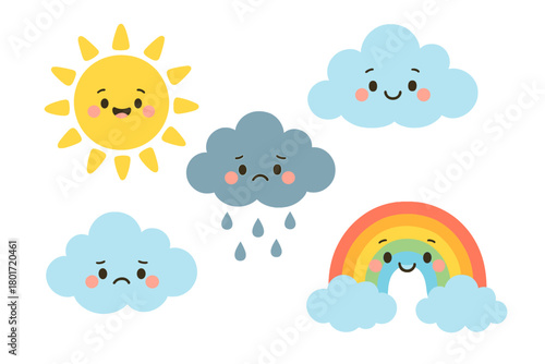 Charming weather icons featuring happy sun, sad rain cloud, and smiling rainbow