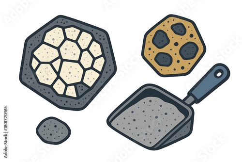 Geometric shapes representing minerals crystals and scoop for collection