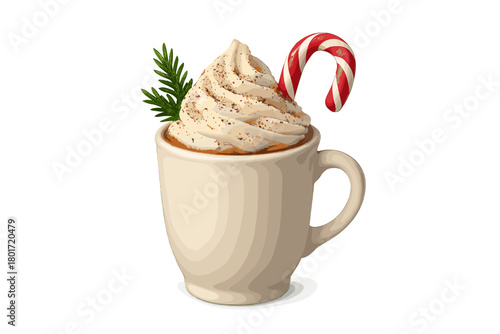 Hot chocolate in ceramic mug with whipped cream and candy cane garnish