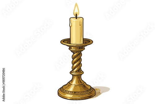 Antique brass candlestick holding a burning wax candle with dripping melted wax and bright flame