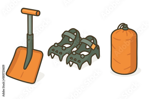 Essential mountaineering equipment set including snow shovel and crampons