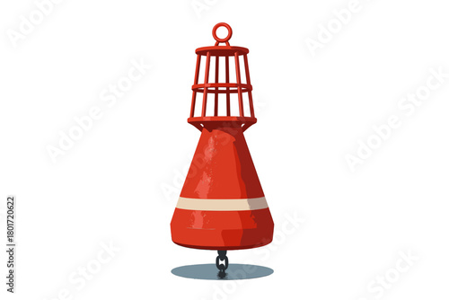 Bright red conical marine navigational buoy with white stripe and cage structure