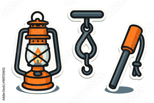 Vintage kerosene lantern, robust lifting hook, and ferro rod fire starter equipment