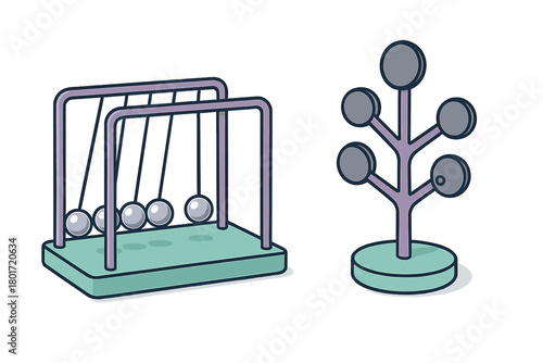 Newton's cradle kinetic desk toy and abstract scientific structure symbolizing physics and connection