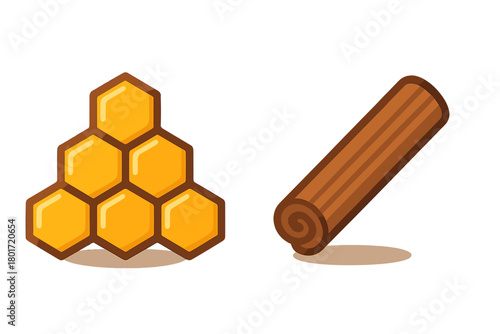 Golden honeycomb cells next to a rolled brown cinnamon stick spice ingredient on white background