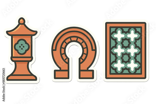 Traditional Japanese cultural symbols presented as stylized stickers
