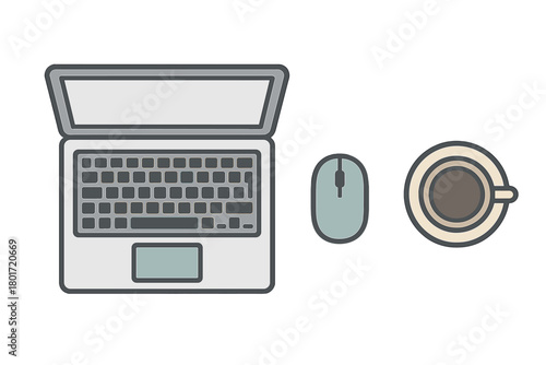 Overhead view of open laptop computer with wireless mouse and coffee cup