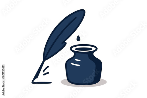 Quill pen dipping into dark blue inkwell with falling drop