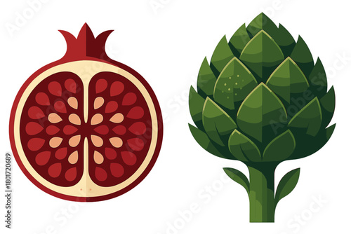 Cross section of pomegranate and whole artichoke isolated on white background