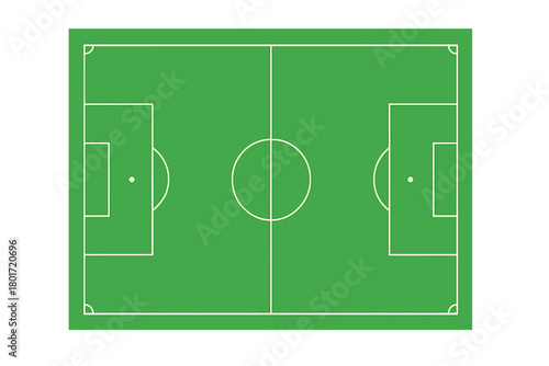 Top view soccer field layout with white markings on green grass