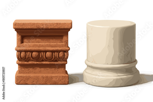 Classical architectural column bases contrasting rough terracotta and smooth marble textures