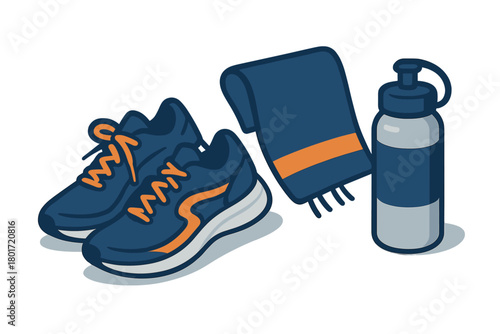 Essential fitness gear set with running shoes towel and water bottle