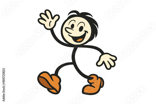Happy cartoon stick figure character waving hello with big orange shoes