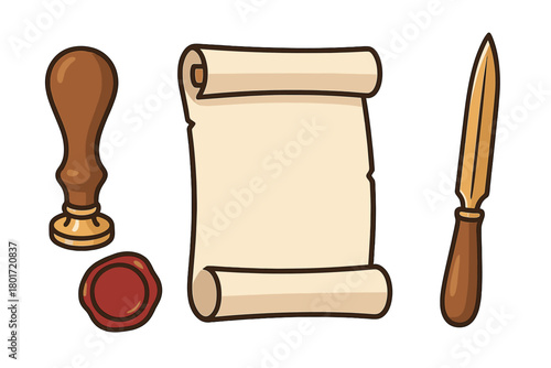 Vintage writing set with antique parchment scroll, sealing wax stamp, and golden letter opener