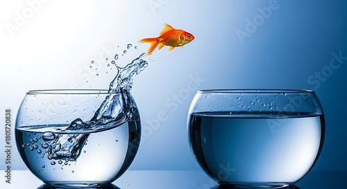A goldfish leaps from one fishbowl to another, symbolizing change, risktaking, and the pursuit of new opportunities in a dynamic and uncertain environment
