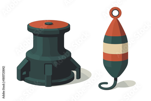 Set of marine equipment featuring a dark green boat winch and a striped mooring buoy