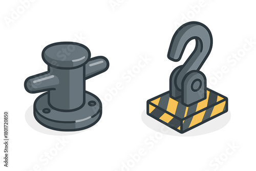 Isometric set of marine mooring bollard and industrial lifting hook icons