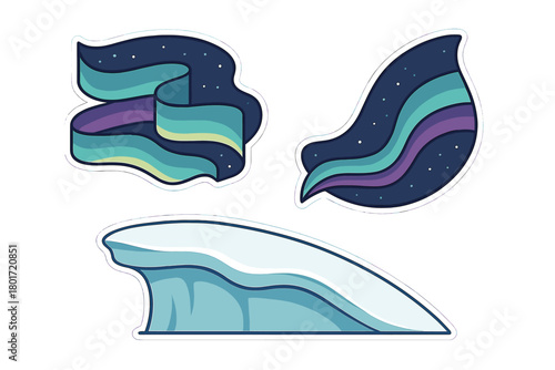 Stylized arctic aurora borealis and iceberg sticker set