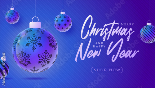 Christmas and New Year sport banner. Merry Christmas tech greeting card with xmas ball as a bauble on purple neon background. Vector illustration