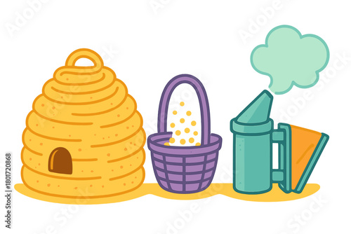 Classic beekeeping equipment set with skep hive, purple basket, and smoking apiary smoker tool